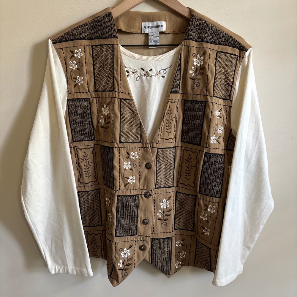Alfred Dunner Womens Large 2 Piece Set Patchwork Floral Vest Cream Long Sleeve